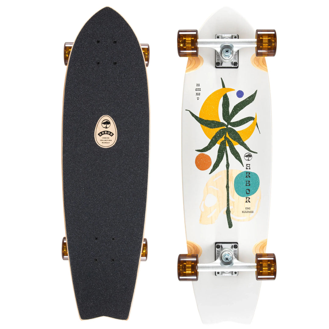 Arbor The Sizzler longboard with palm tree graphic, amber wheels, and Venice Collection grip tape