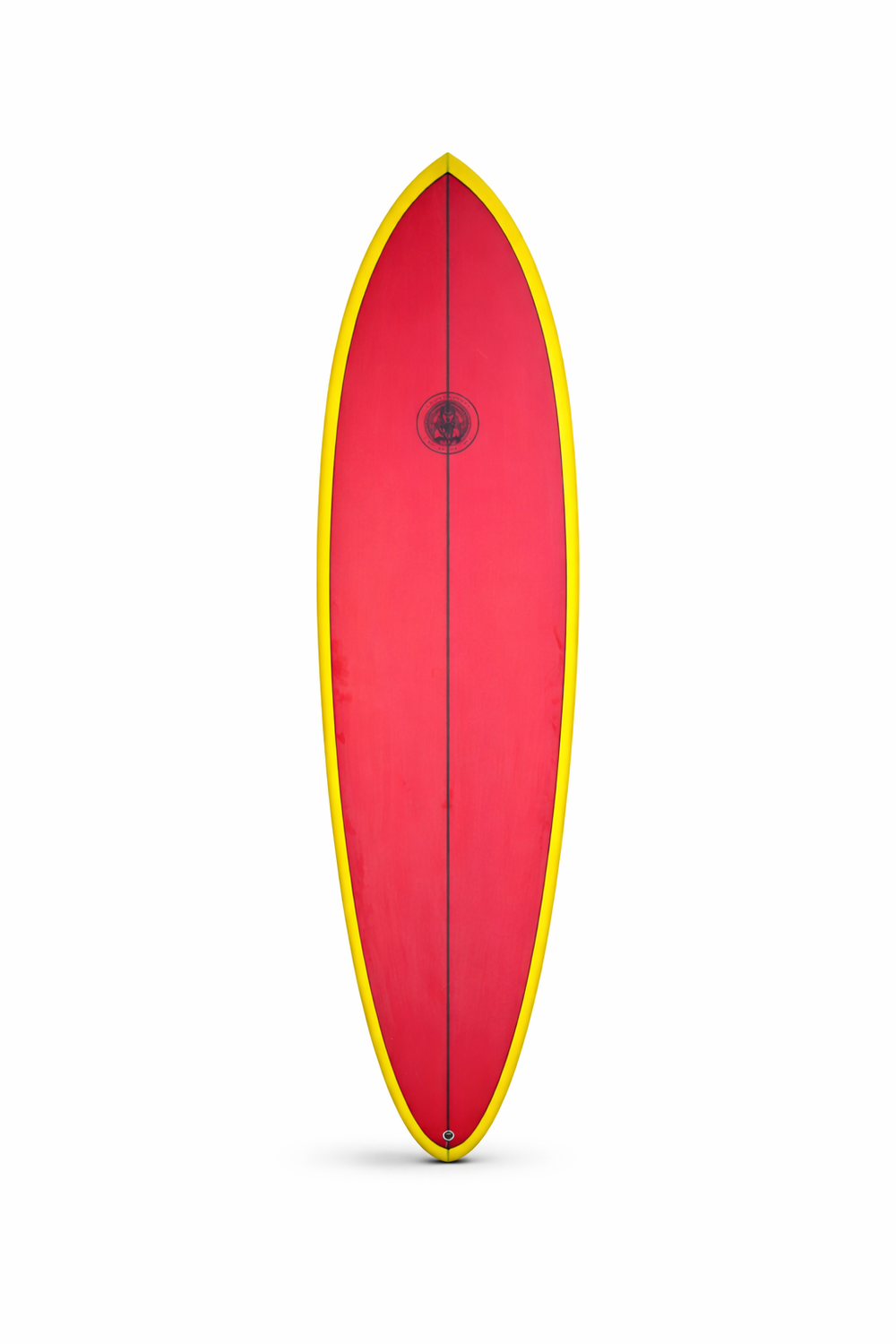 Red surfboard with yellow rails, ideal for coastal adventures and beach days