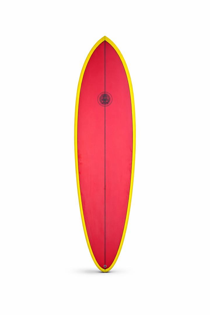 Red surfboard with yellow rails, ideal for coastal adventures and beach days