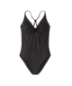 Black one-piece swimsuit with crisscross back, perfect for beach days and coastal adventures.
