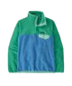 Color-block kids fleece jacket in green and blue, perfect for PNW outdoor adventures and coastal style.