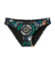 Black bikini bottom with colorful geometric print, perfect for beach days and coastal adventures.