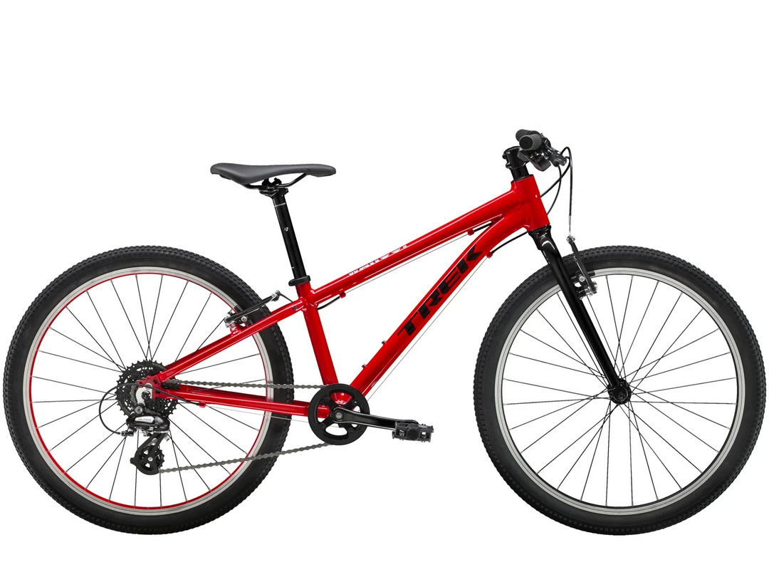 Red Trek mountain bike with black tires and frame details