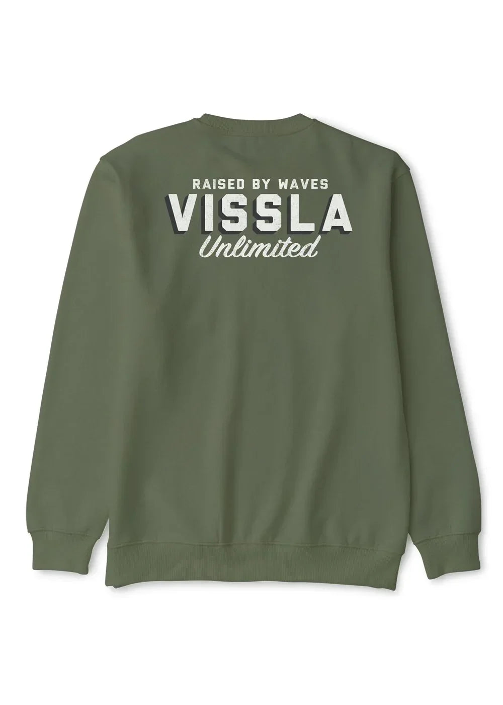 Olive green crewneck sweatshirt with 'Raised by Waves VISSLA Unlimited' graphic, coastal lifestyle apparel