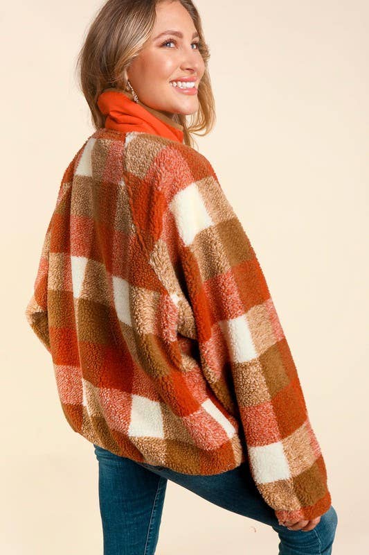 Button Down Plaid Sherpa With Side Pockets