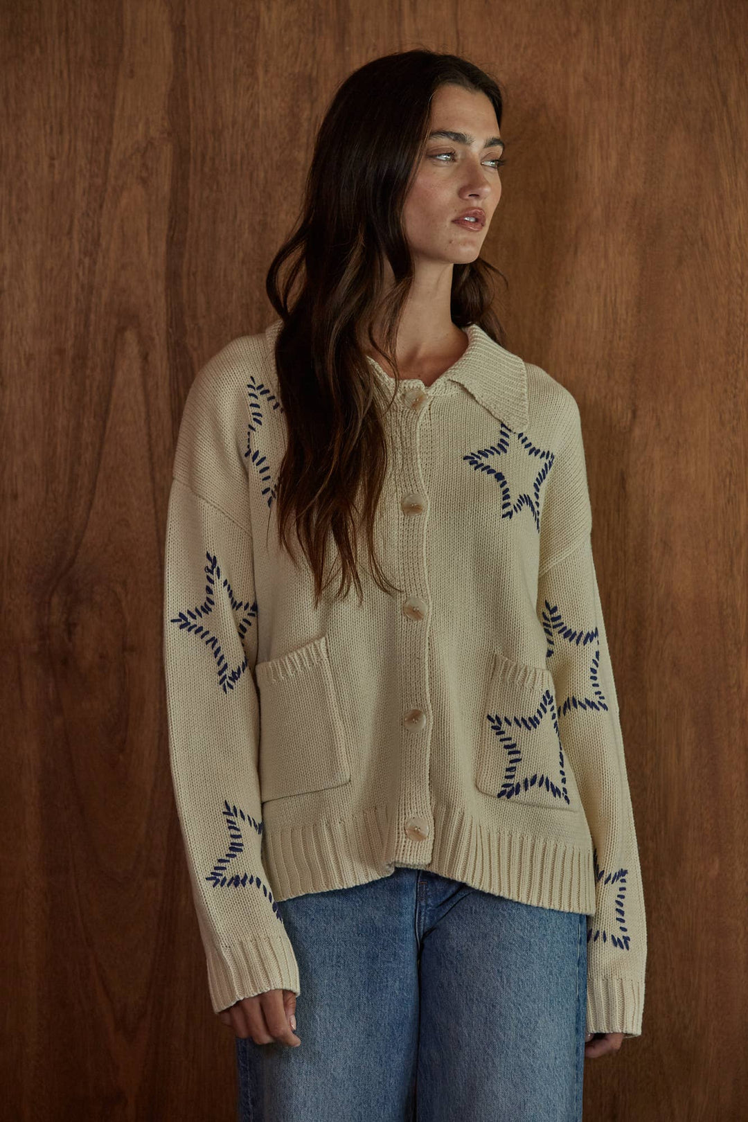 W2608 | Knit Sweater Cardigan With Star Stitch Detail