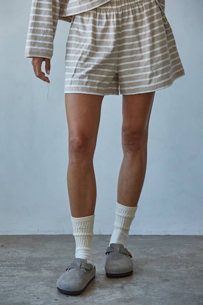 L8797B | Knit Cotton Striped Elastic Waist Shorts