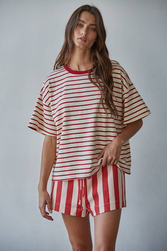 L9691 | Knit Cotton Striped Short Sleeve Crew Neck Top