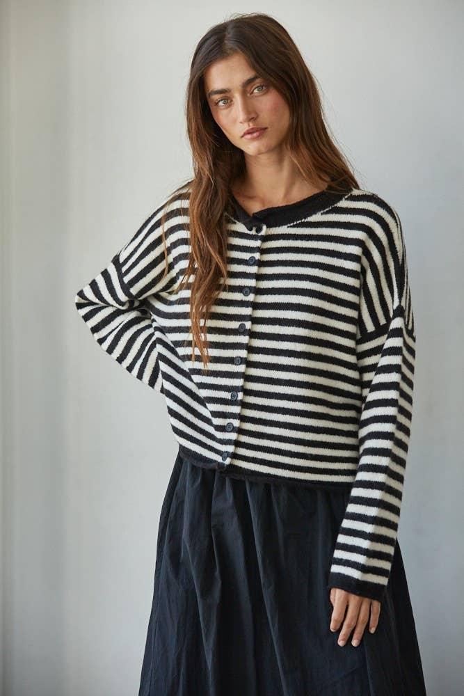 Black and white striped cardigan with button front, coastal style knitwear for everyday wear