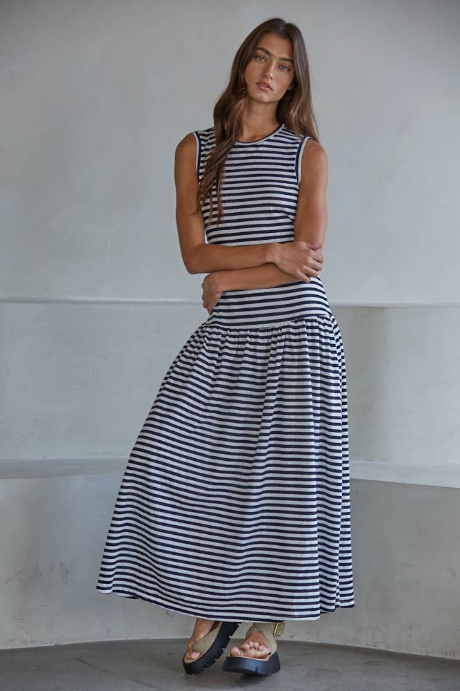 L9163 | Knit Polyester Cotton Rayon Striped Sleeveless Midi