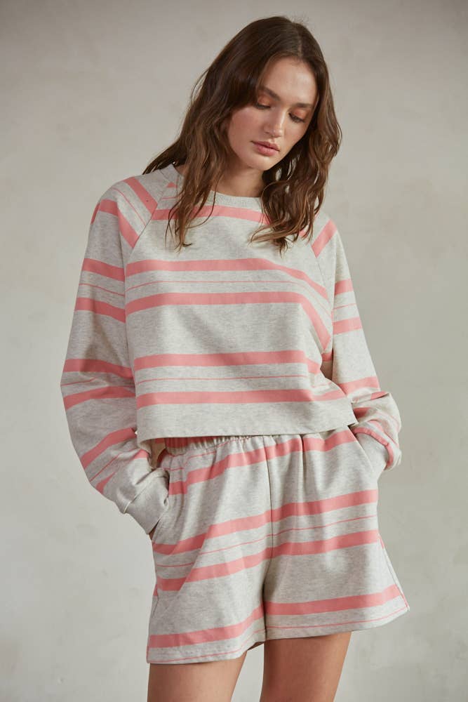 By Together L7383 | Striped Crew Neck Long Sleeve Pullover Top