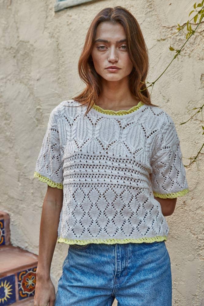 W2422T1 | Knit Sweater Cotton Acrylic Crochet Short Sleeve
