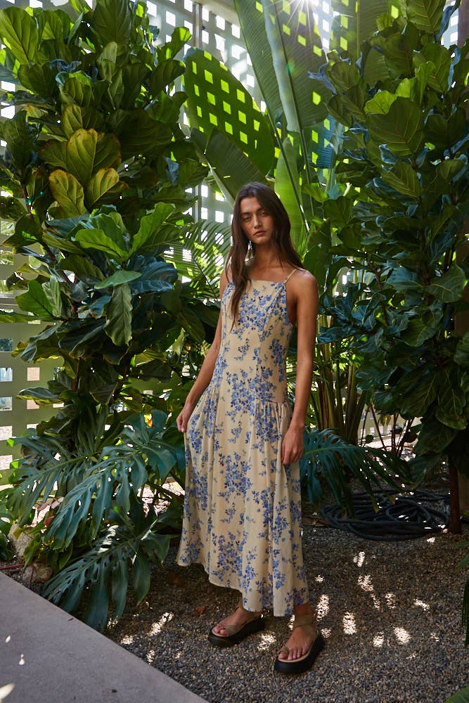 L9751 | Woven Polyester Chiffon Floral Print Midi Dress