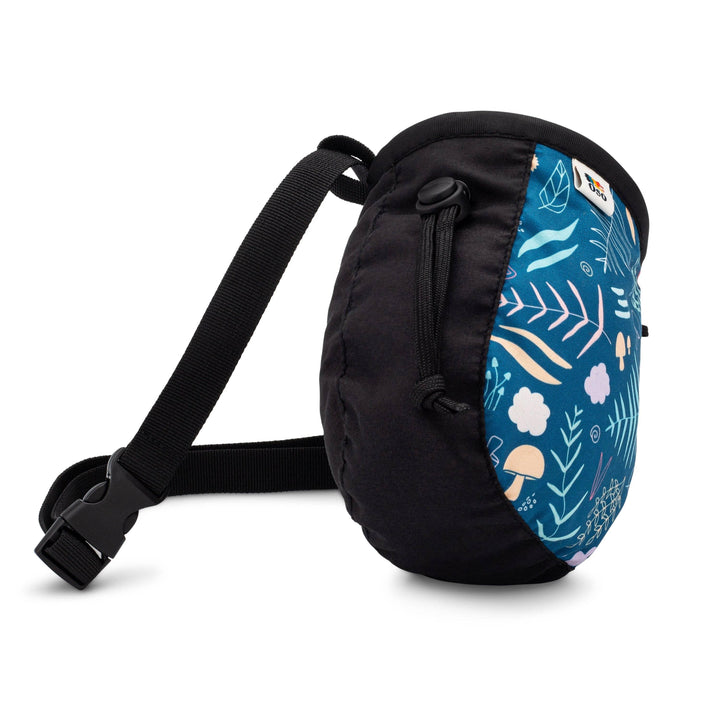 Black waist bag with blue floral pattern, adjustable strap, and secure buckle for outdoor adventures.