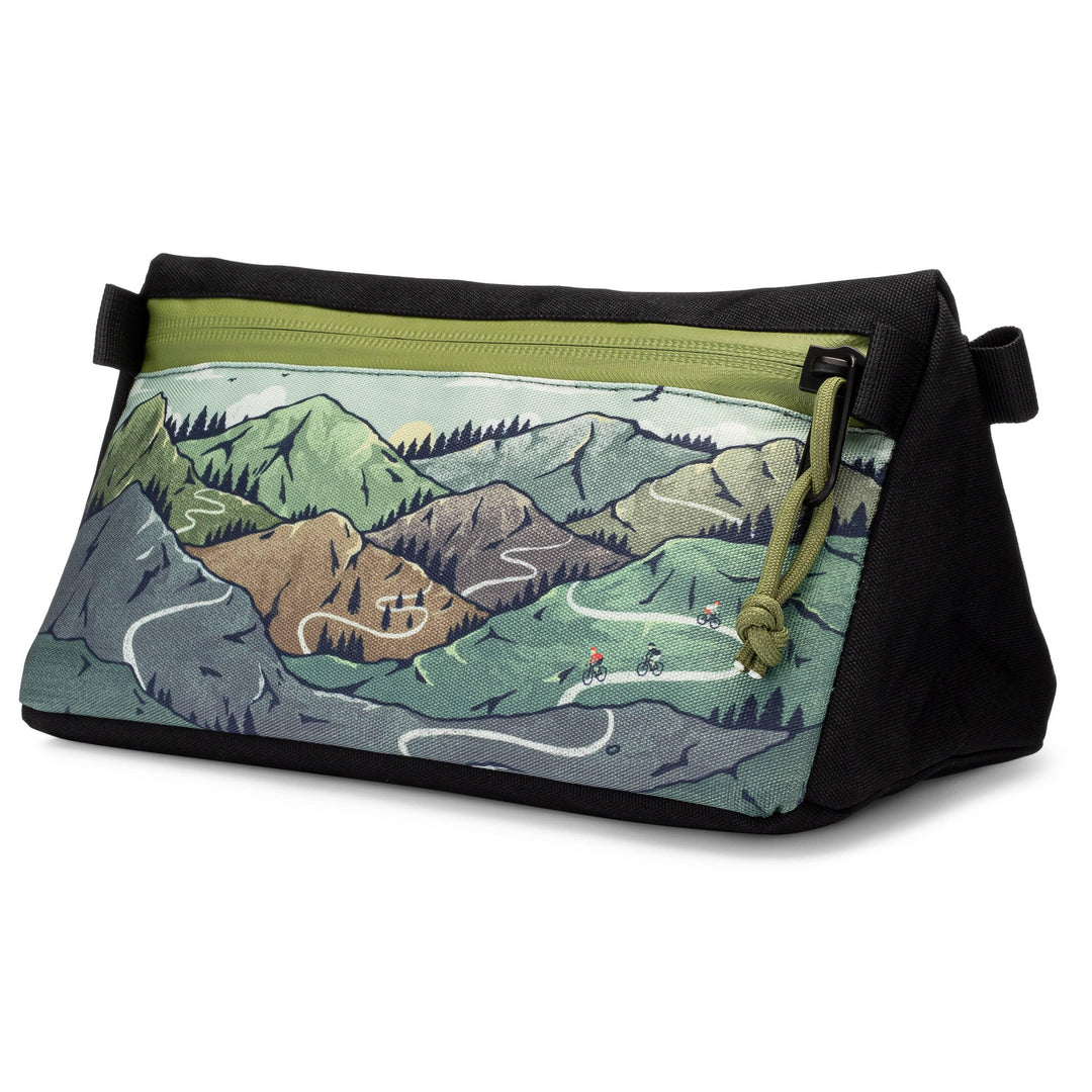 Mountain bike trail fanny pack with scenic green hills and winding paths design