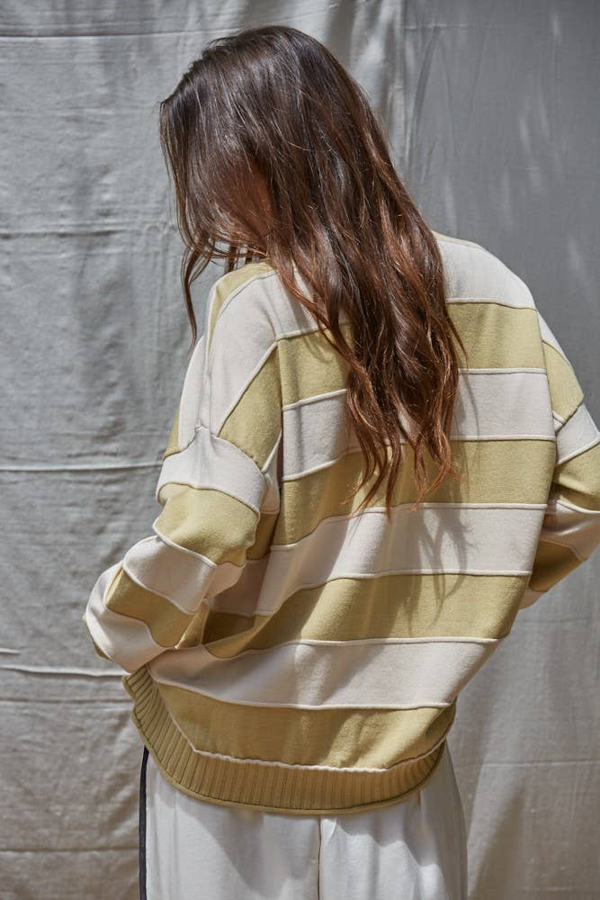 W2129 | Knit Sweater Striped Crew Neck Long Sleeve Pullover