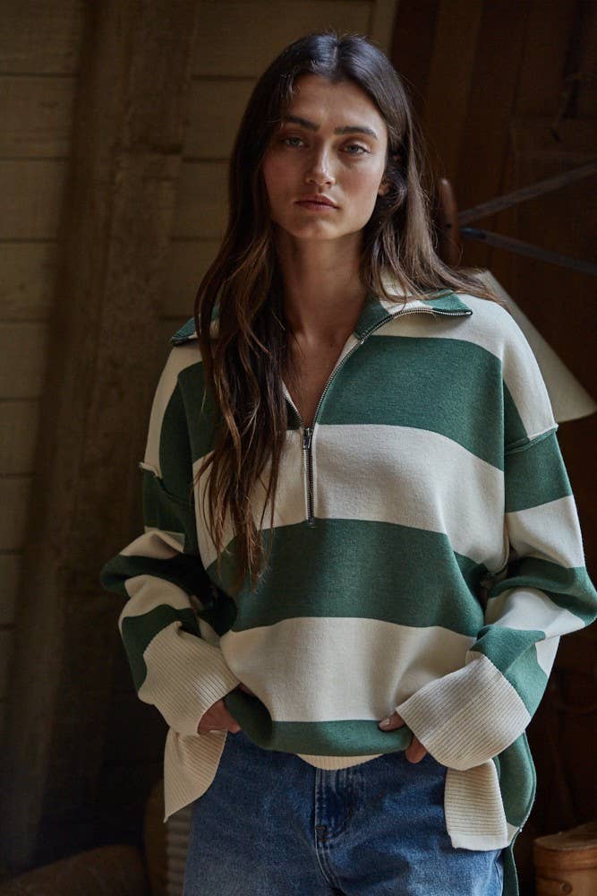 W2199 | Knit Striped Turtleneck Half Zip Up Top