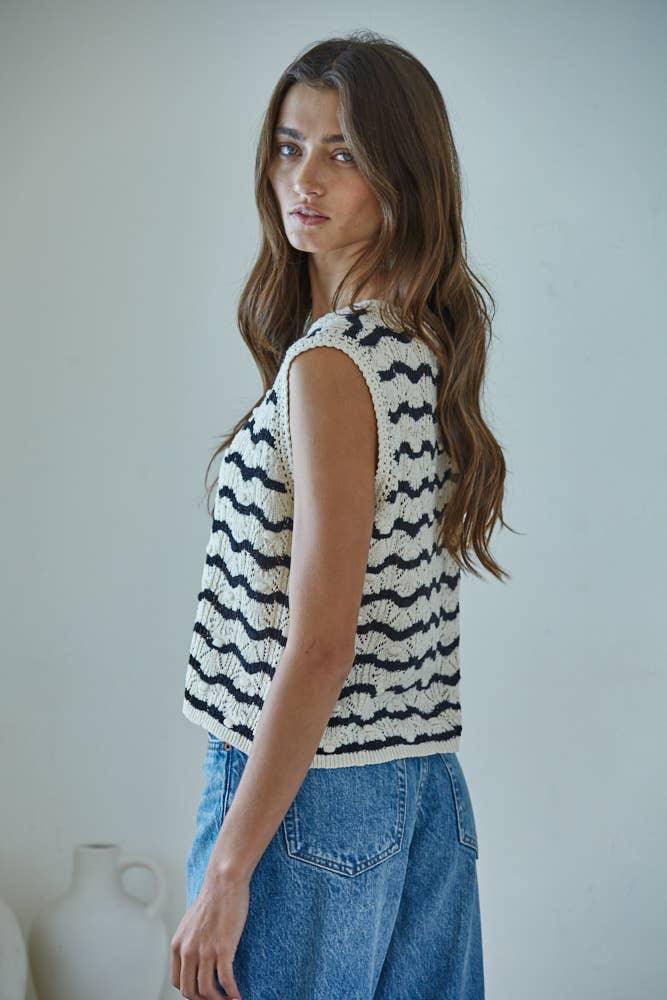 W2380 | Knit Sweater Cotton Nylon Striped Vest Top