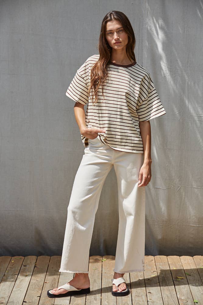 L9691 | Knit Cotton Striped Short Sleeve Crew Neck Top