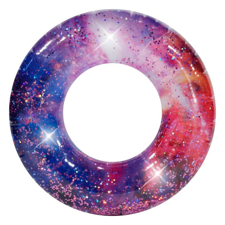 Galaxy-themed inflatable pool float with glittery stars and vibrant colors for beach or pool fun