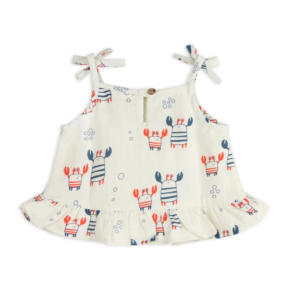 Baby girl's crab print tie-shoulder top with ruffle hem, nautical summer outfit