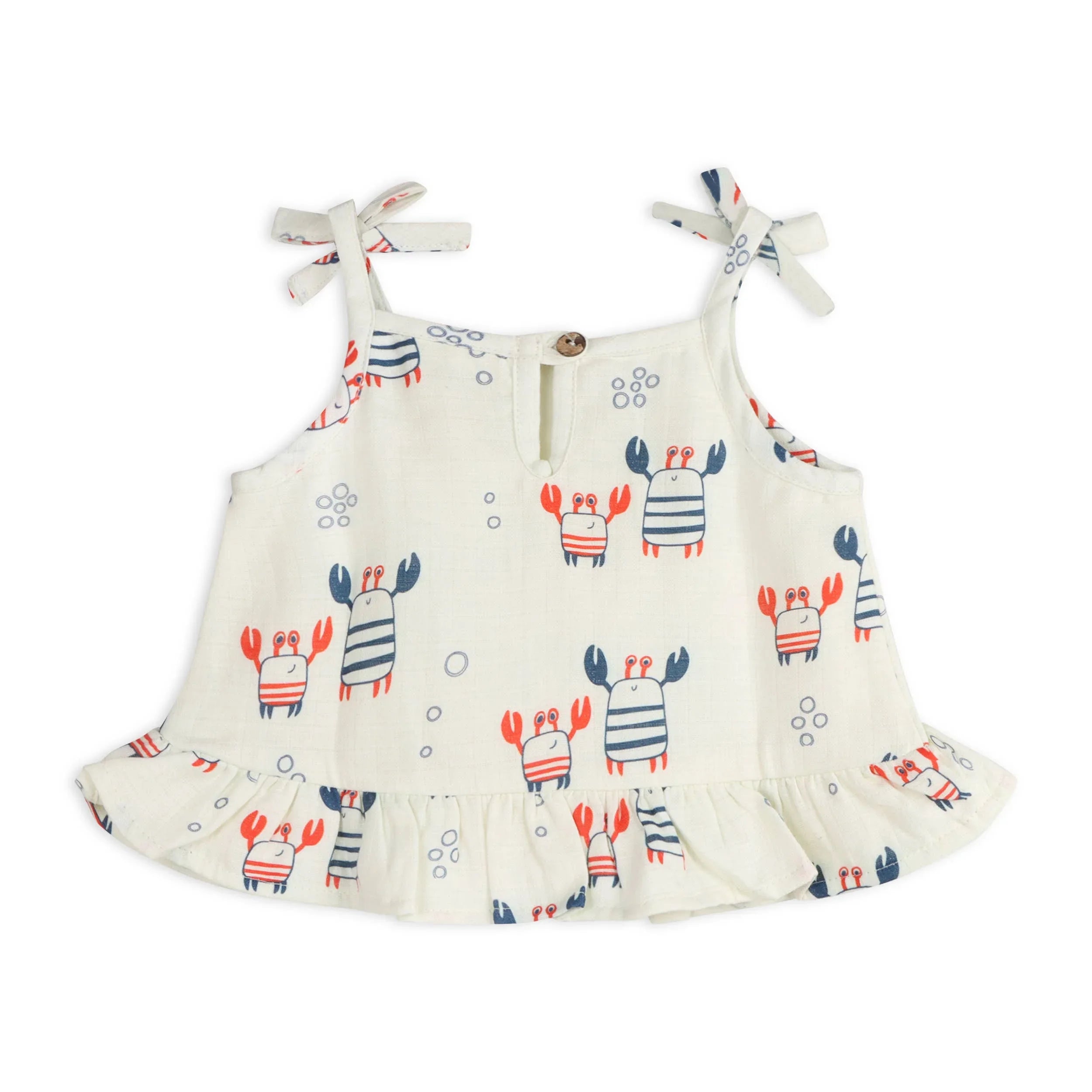 Baby girl's crab print tie-shoulder top with ruffle hem, nautical summer outfit