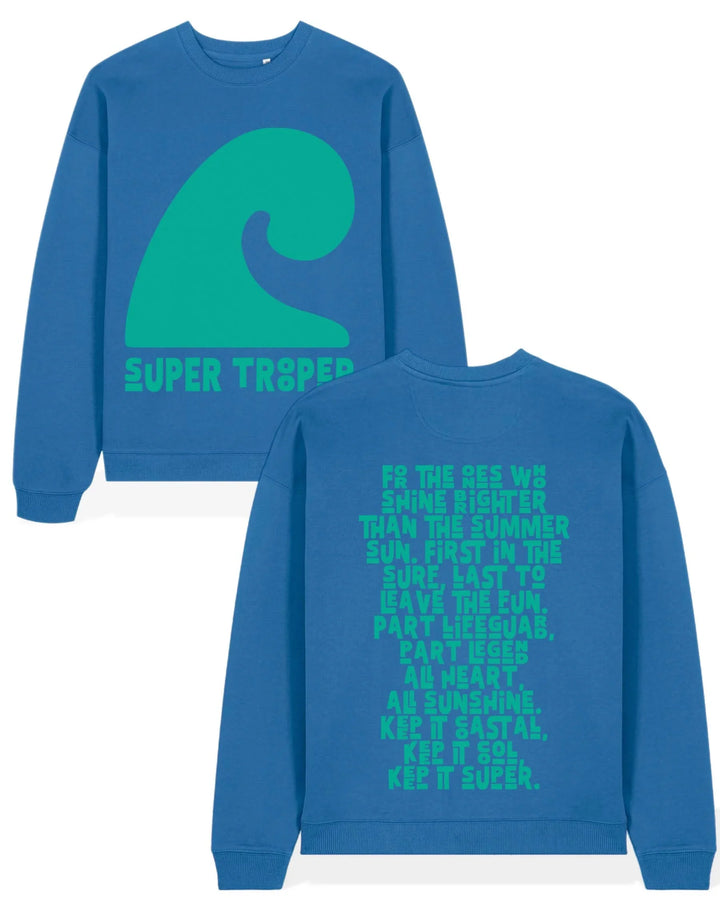 Blue crewneck sweatshirt with green wave graphic and coastal slogan, perfect for beach days and PNW adventures.