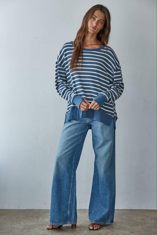 L9220 | Knit Cotton Spandex Striped Thermal Pullover