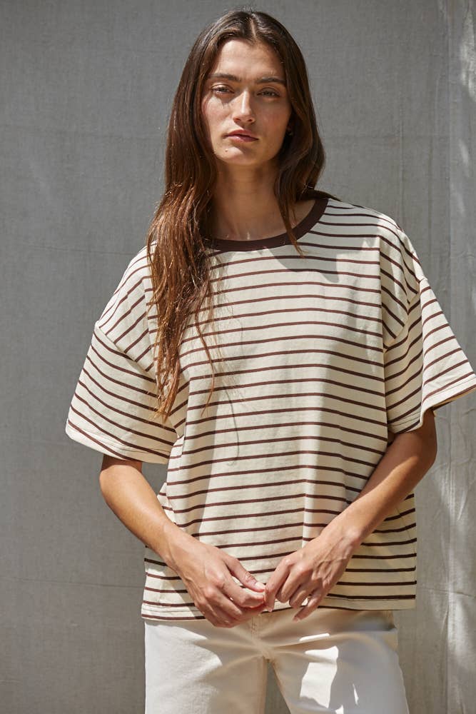 L9691 | Knit Cotton Striped Short Sleeve Crew Neck Top