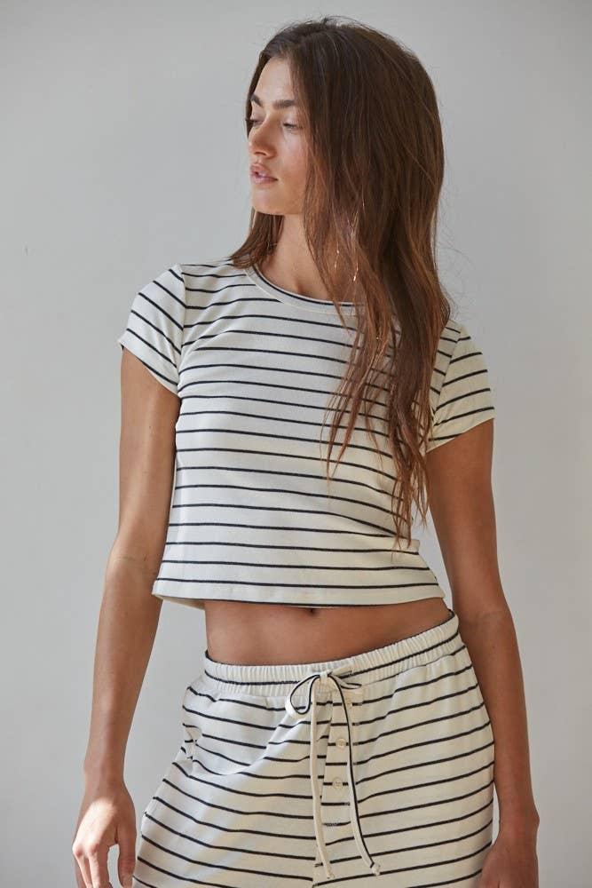 Striped crop top and matching drawstring shorts for coastal PNW style