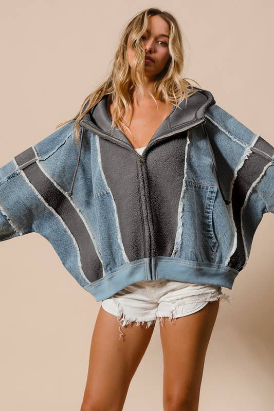 Washed And Fleece Mix And Match Zip Up Hoodie