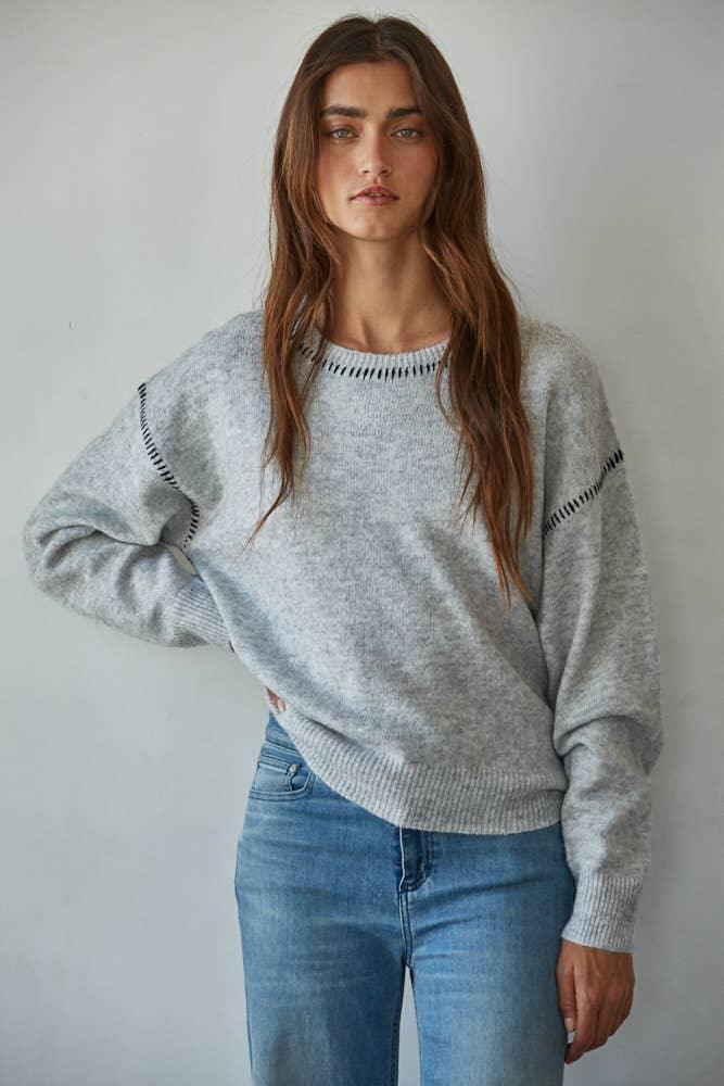 By Together Knit Sweater w/Contrast Stitches Detail