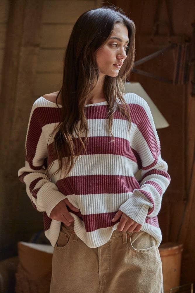 W2295 | Knit Sweater Striped Cotton Boat Neck Long Sleeve