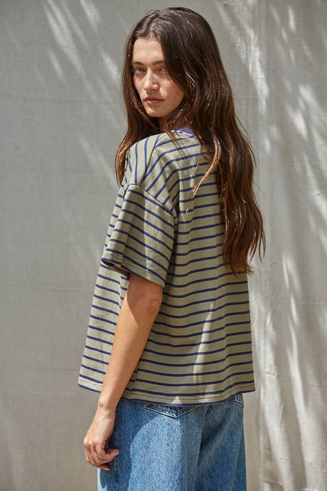 L9691 | Knit Cotton Striped Short Sleeve Crew Neck Top