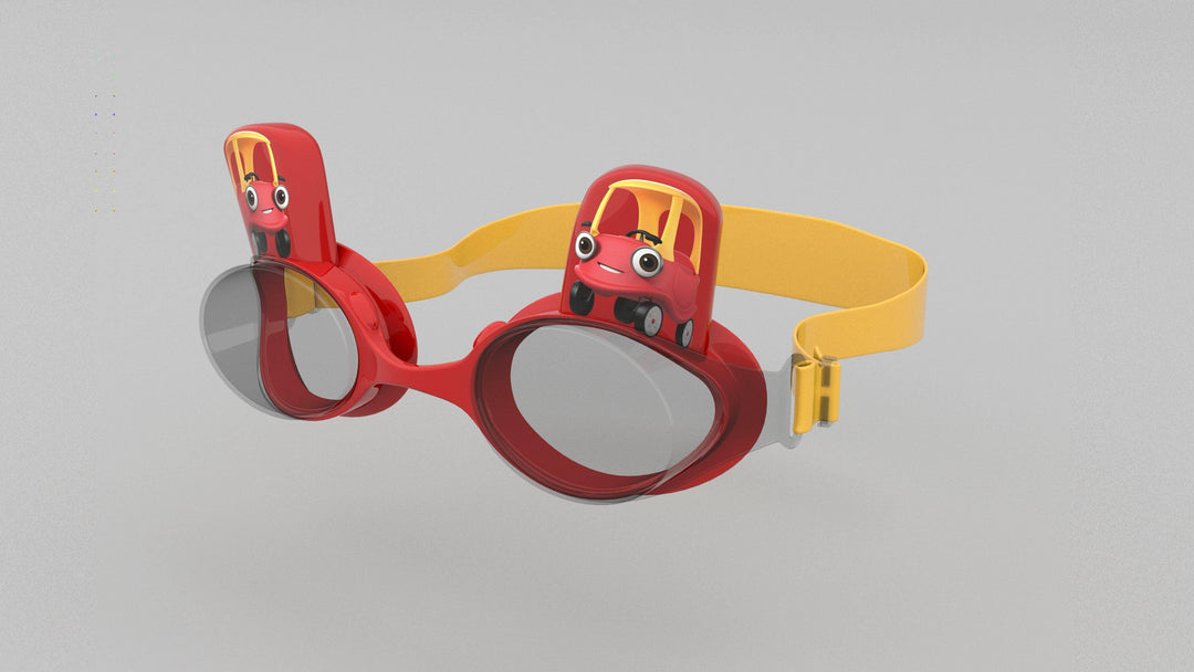 PoolCandy Little Tikes Cozy Coupe 3D swim goggles with red frames and yellow strap.