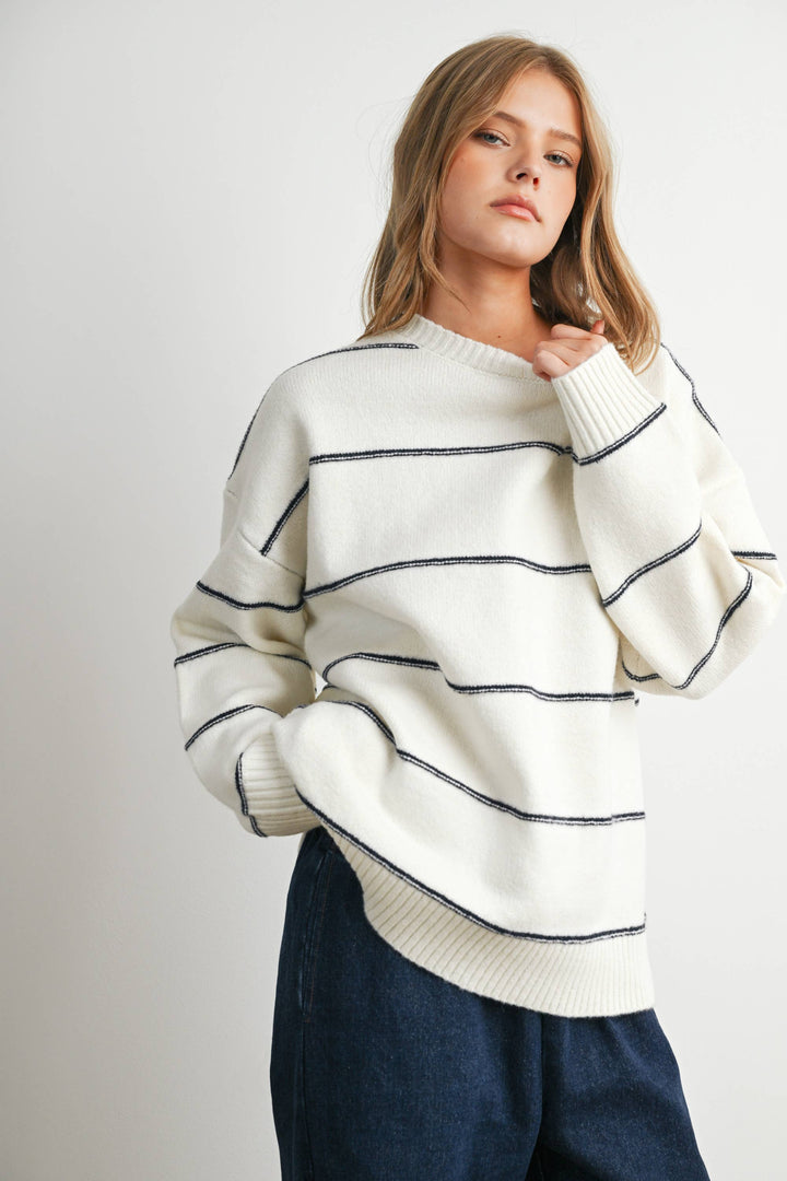 FALL STRIPED PATTERN DROP SHOULDER SWEATER - BMW7421