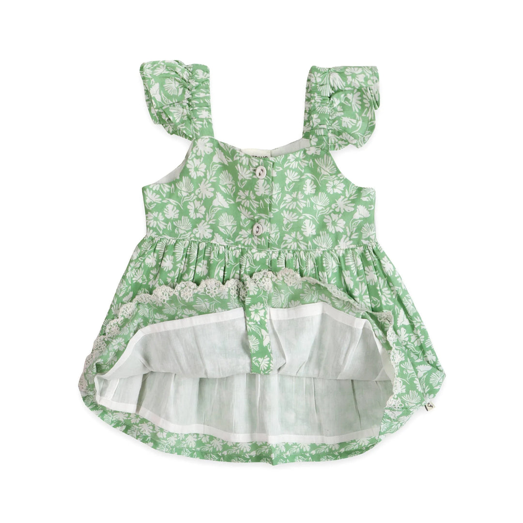 Green floral baby dress with ruffled sleeves and lace trim, perfect for spring outings