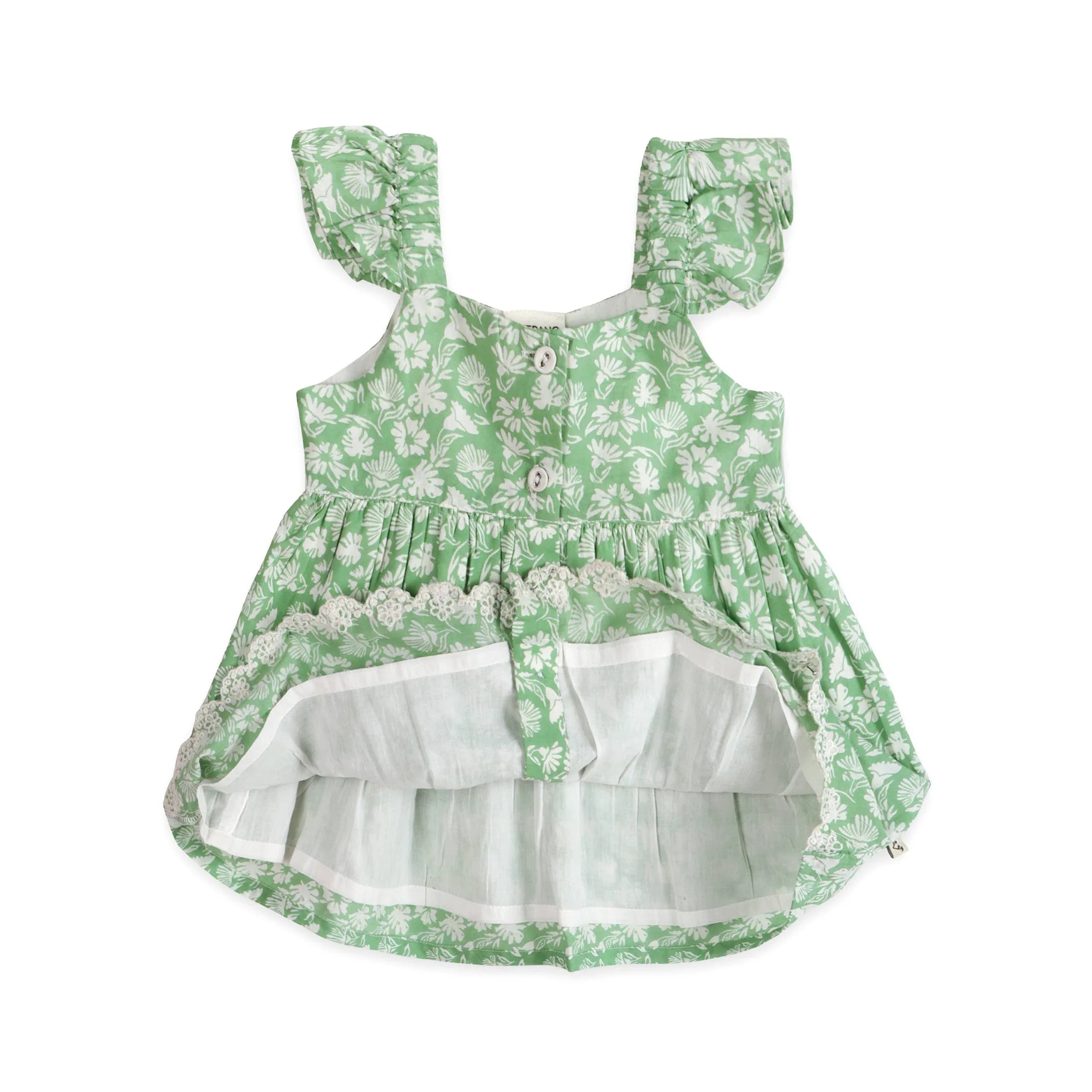 Green floral baby dress with ruffled sleeves and lace trim, perfect for spring outings