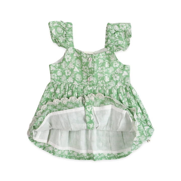 Green floral baby dress with ruffled sleeves and lace trim, perfect for spring outings