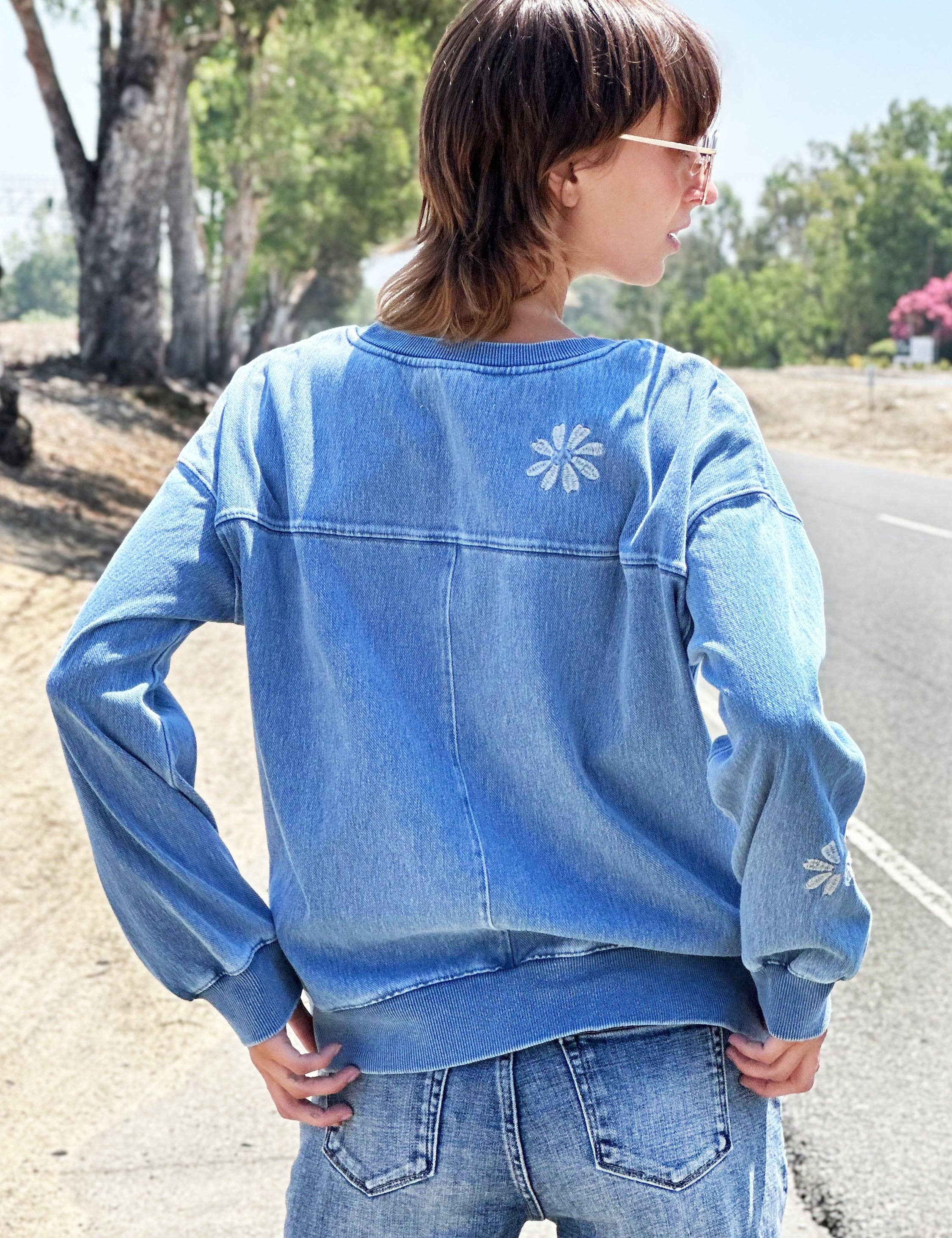 Denim Daisy Embroidered Sweatshirt