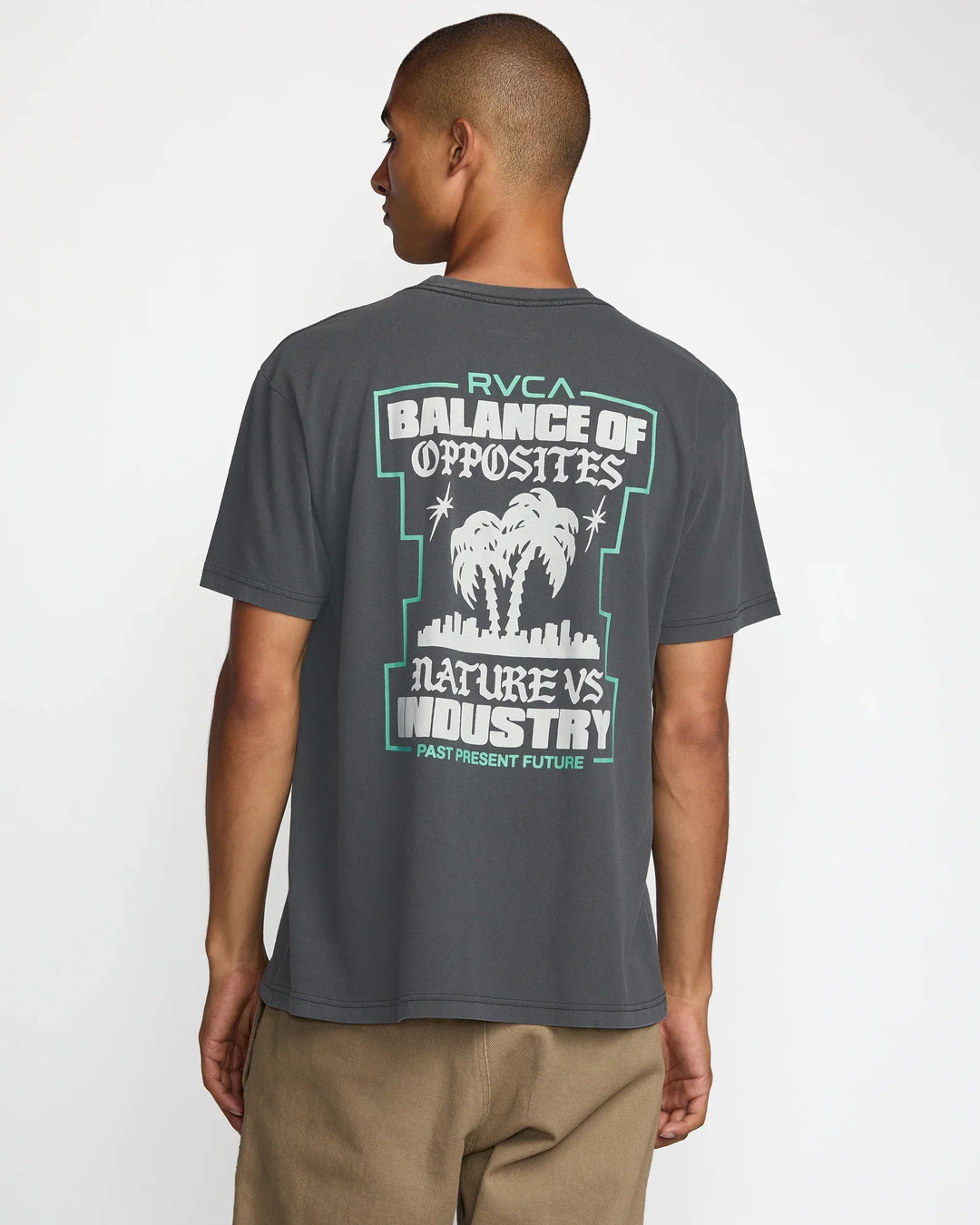RVCA Balance of Opposites graphic tee with palm trees and city skyline, nature vs industry design