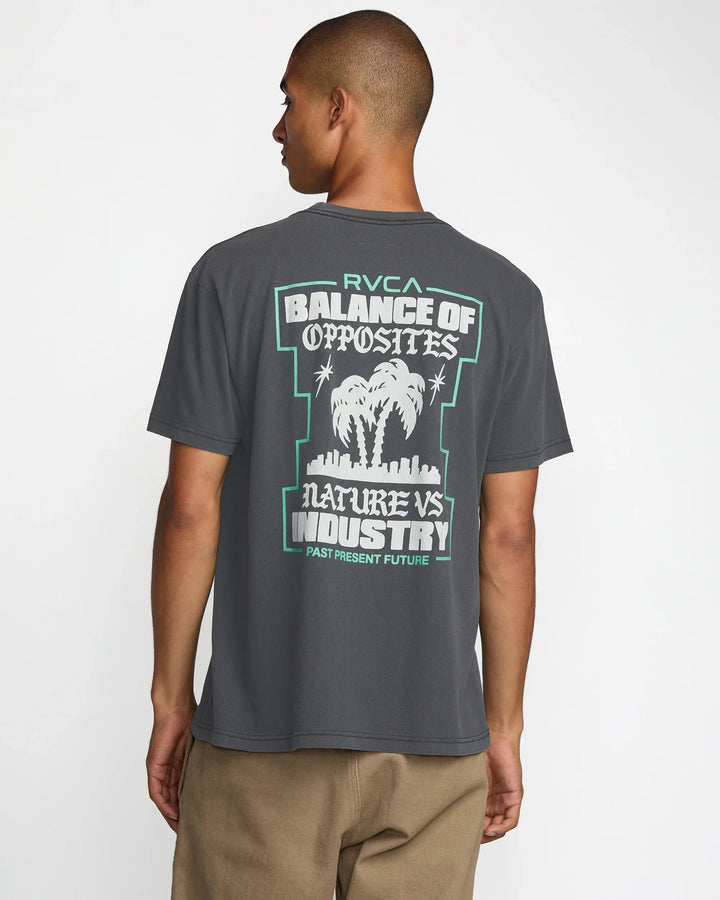RVCA Balance of Opposites graphic tee with palm trees and city skyline, nature vs industry design