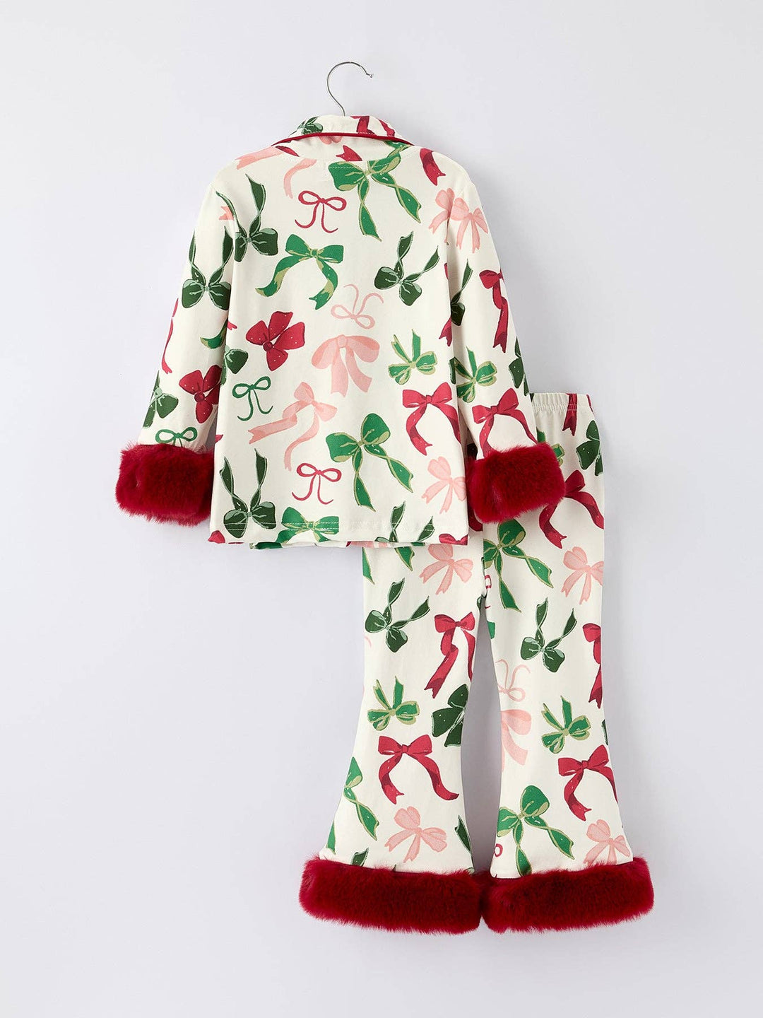 Holiday Bow Print Christmas Pajama Set – Girls Cozy Red Trim Sleepwear