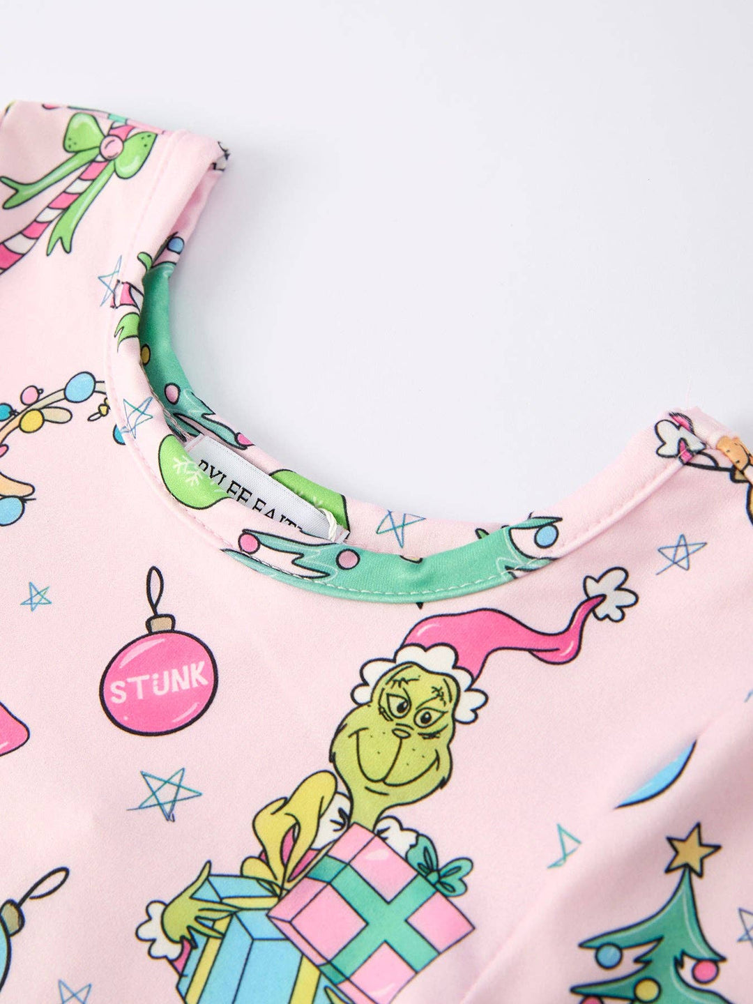 Pink Christmas Character Print Long Sleeve Girls Dress