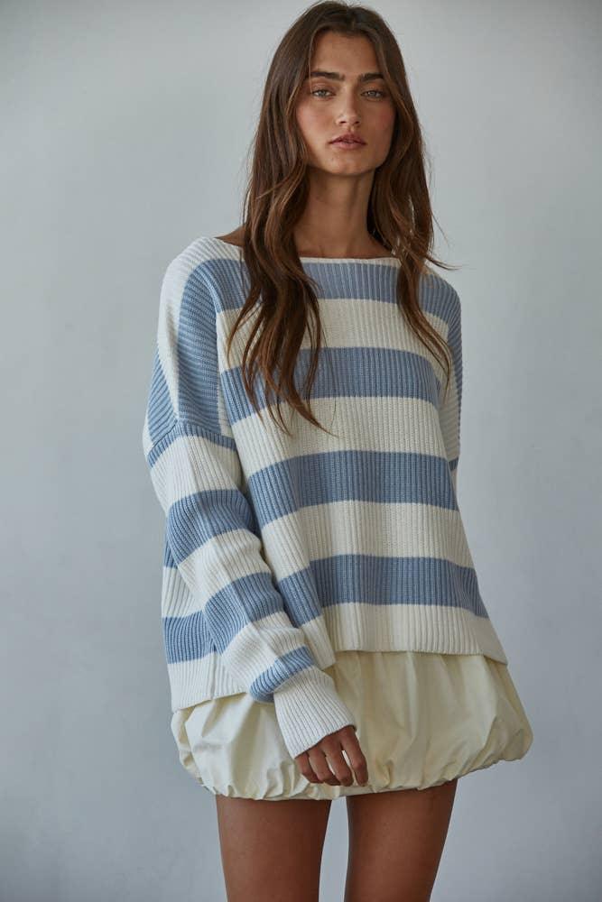 Blue and cream striped ribbed sweater with puff shorts, coastal style outfit