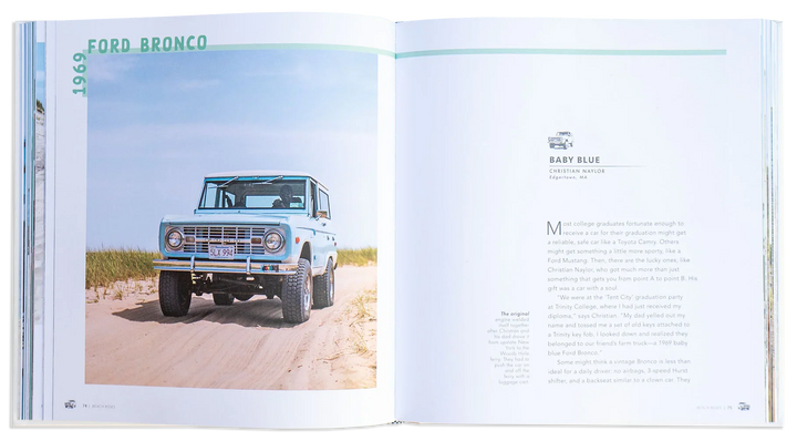 1969 Ford Bronco in baby blue on sandy beach, vintage off-road adventure vehicle