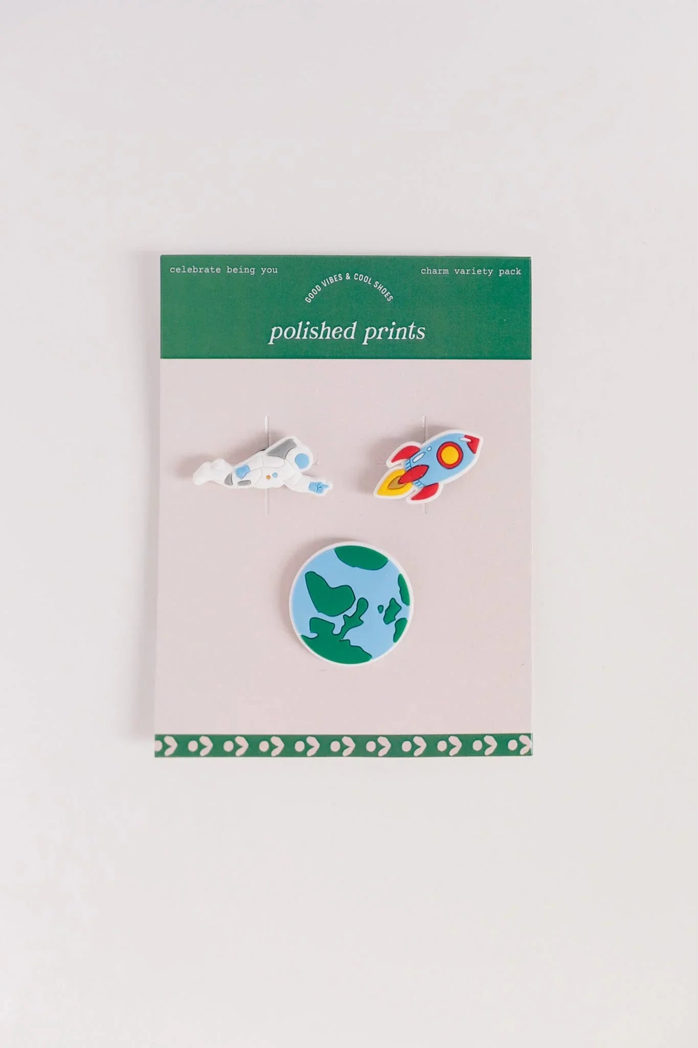 Space-themed charm variety pack with astronaut, rocket, and Earth pins by Polished Prints