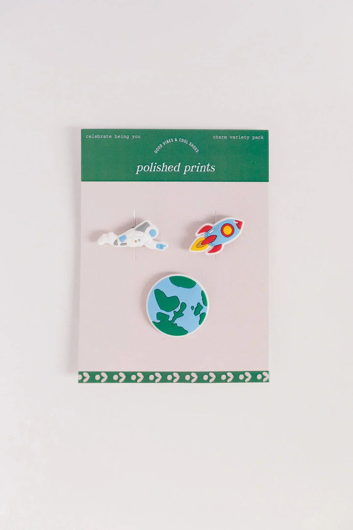Space-themed charm variety pack with astronaut, rocket, and Earth pins by Polished Prints