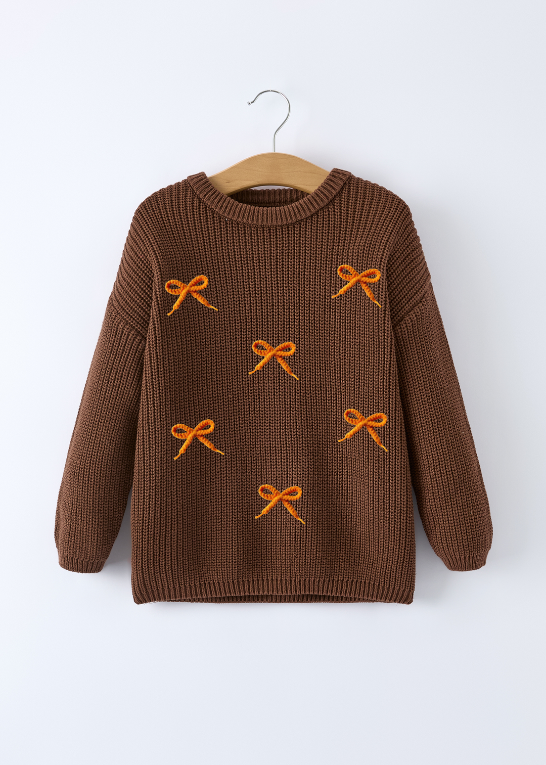 Girls Fall Pumpkin Bow Embroidered Knit Sweater