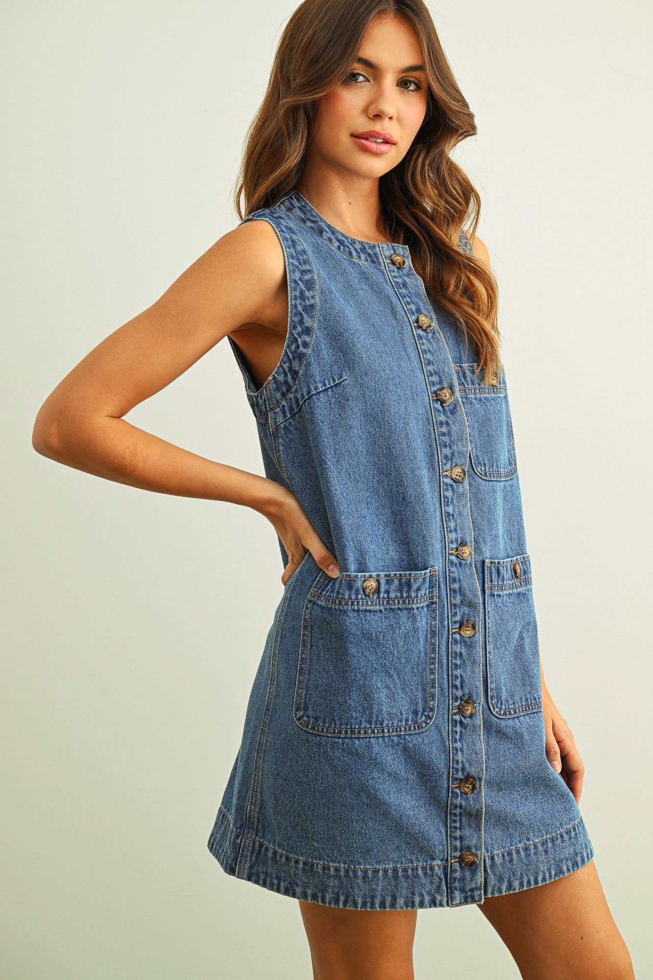 D6086   SLEEVELESS BUTTON FRONT TRUE DENIM DRESS